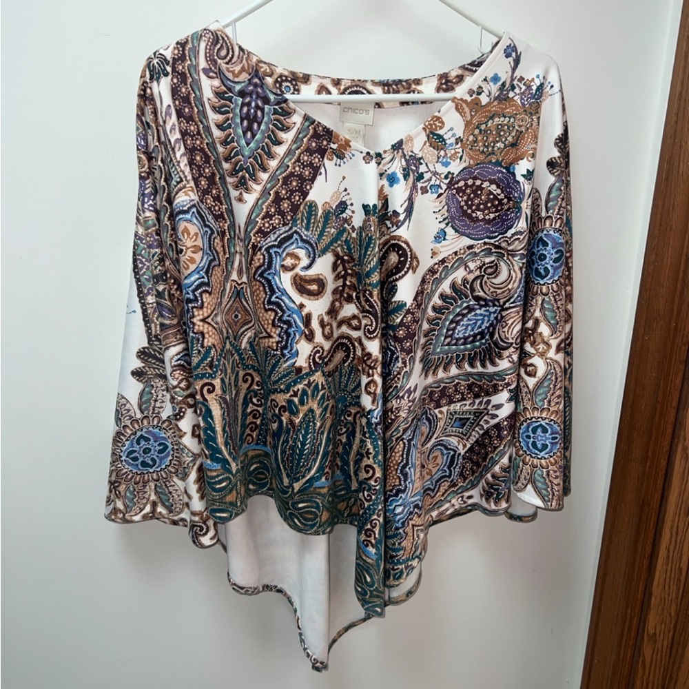 Chico’s S/M Paisley Asymmetrical Hem Blouse Teal Brown Flowy Top